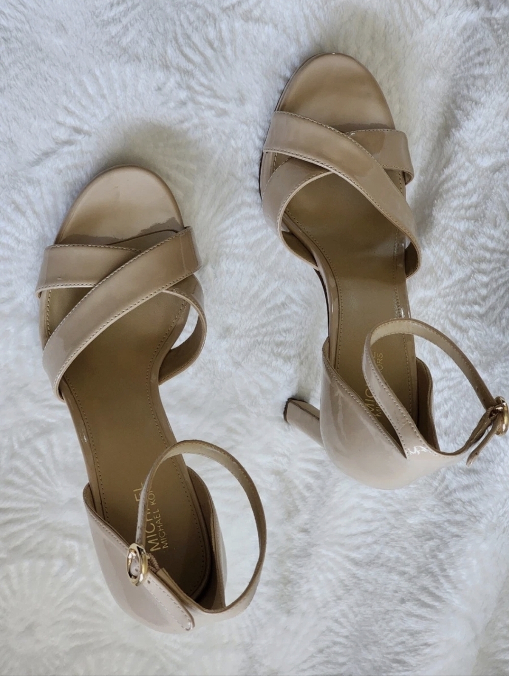 MICHAEL MICHAEL KORS Alexia Patent Leather Beige Stiletto Sandals 7M MSRP $155 - Picture 5 of 16